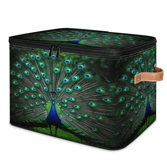 ADECORIVY Peacock Storage Bin with Zipper Lid, Fabric Storage Baskets Boxes with Handles, Decorative Clothes Organizer Containers for Shelves, Wardrobe, Closet