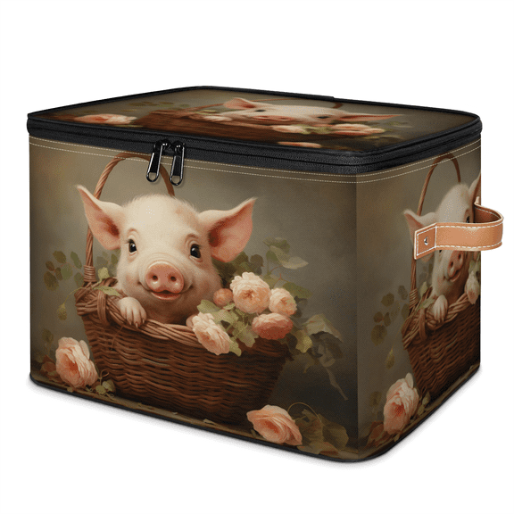 ADECORIVY Pig Flower Basket Storage Bin with Zipper Lid, Fabric Storage Baskets Boxes with Handles, Decorative Clothes Organizer Containers for Shelves, Wardrobe, Closet