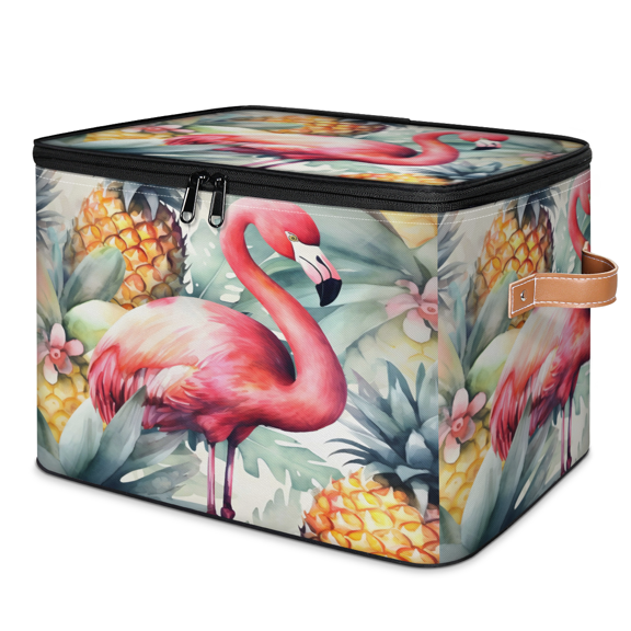 ADECORIVY Pineapple Flamingo Storage Bin with Zipper Lid, Fabric Storage Baskets Boxes with Handles, Decorative Clothes Organizer Containers for Shelves, Wardrobe, Closet