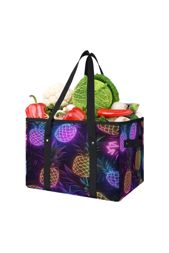 Pineapple Neon Reusable Grocery Bags, Foldable Reusable Shopping Bags, Collapsible Tote Bag with Reinforced Handles for Kitchen, Picnic