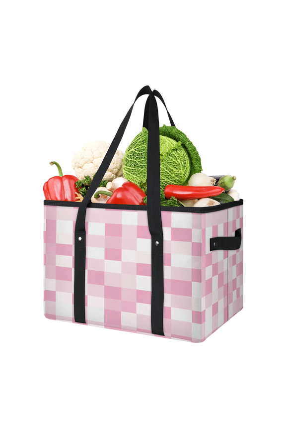 Pink Checkerboard Reusable Grocery Bags, Foldable Reusable Shopping Bags, Pink Palid Collapsible Tote Bag with Reinforced Handles for Kitchen, Picnic