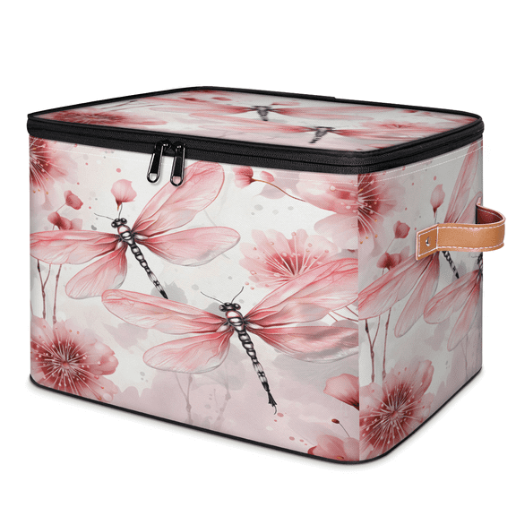 ADECORIVY Pink Dragonfly Flower Storage Bin with Zipper Lid, Fabric Storage Baskets Boxes with Handles, Decorative Clothes Organizer Containers for Shelves, Wardrobe, Closet