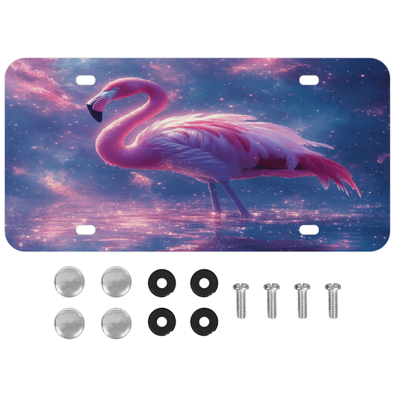 ADECORIVY Pink Flamingo Galaxy License Plate, Aluminum Decorative Novelty Vanity Tag with 4 Holes, Front Plate for Men Women Car Tag Accessories, 6 x 12 inch