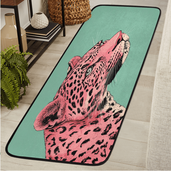 ADECORIVY Pink Leopard Hallway Runner Rug 2x6 Washable Kitchen Runner Non Slip Laundry Room Bathroom Rug Cheetah Wildlife Soft Carpet for Living Room Entryway Mat