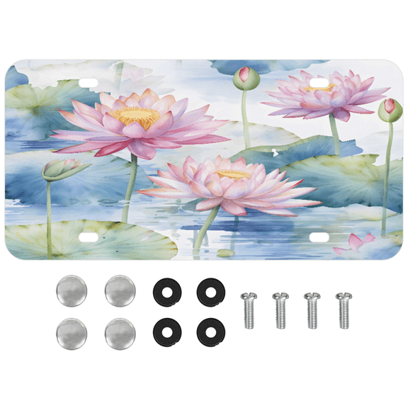 ADECORIVY Pink Lotus Flower License Plate, Aluminum Decorative Novelty Vanity Tag with 4 Holes, Front Plate for Men Women Car Tag Accessories, 6 x 12 inch