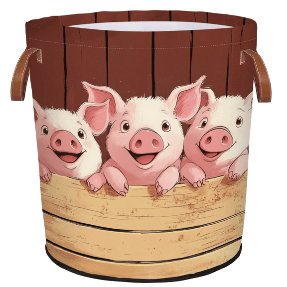 ADECORIVY Pink Pig Laundry Hamper, Foldable Dirty Clothes Laundry Basket, Wooden Board Waterproof Storage Bin with Handles for Bathroom, Bedroom, Home