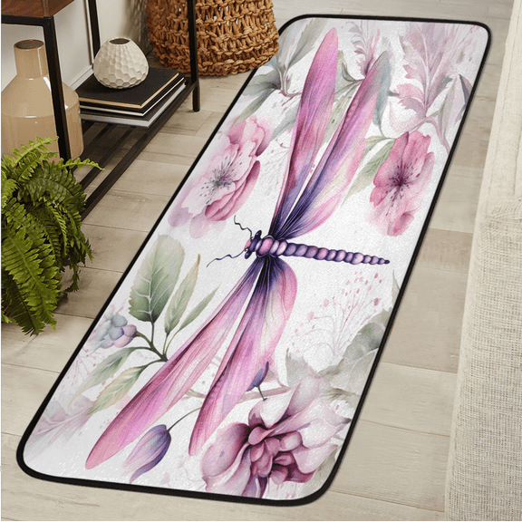 ADECORIVY Pink Purple Dragonfly Floral Runner Rug 2x6 Washable Runner for Hallway Non-Slip Kitchen Rug Runners Soft Entryway Floor Carpet for Hall Living Room Bedroom