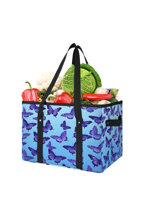 Purple Butterflies Reusable Grocery Bags, Foldable Shopping Bags for Groceries with Handles, Large Grocery Tote for Kitchen, Market, Car, Trunk, Picnic