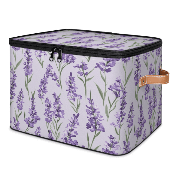 ADECORIVY Purple Lavender Storage Bin with Lid, Fabric Foldable Shelf Baskets Boxes, Flower Floral Closet Lidded Storage Bins, Clothes Organizer Container with Handles for Bedroom Home