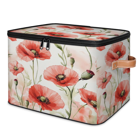 ADECORIVY Red Pink Floral Storage Bin with Lid, Fabric Foldable Shelf Baskets Boxes, Watercolor Flower Plants Closet Lidded Storage Bins, Clothes Organizer Container with Handles for Bedroom Home