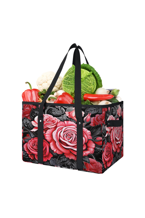 Red Rose Pink Flowers Reusable Grocery Bags, Foldable Shopping Bags for Groceries with Handles, Large Grocery Tote for Kitchen, Market, Car, Trunk, Picnic