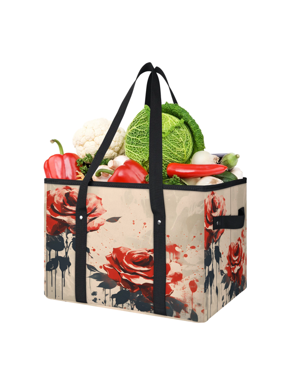 Red Rose Romantic Floral Reusable Grocery Bags, Foldable Shopping Bags for Groceries with Handles, Large Grocery Tote for Kitchen, Market, Car, Trunk, Picnic