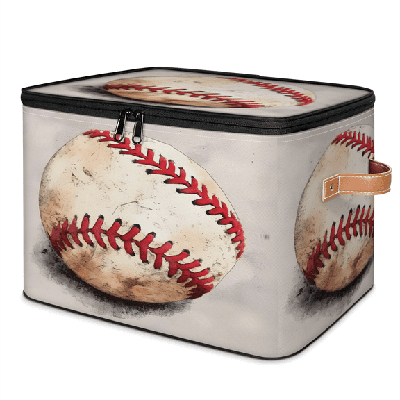 ADECORIVY Retro Baseball Storage Bin with Lid, Decorative Storage Boxes Cube for Shelves, Foldable Storage Baskets Closet Clothes Organizer with Handles