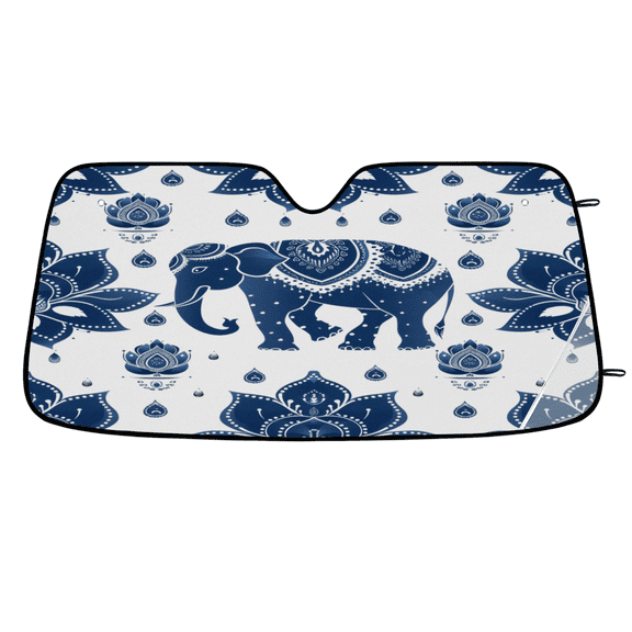 ADECORIVY Retro Blue Elephant Ethnic Indian Car Windshield Sun Shade, Front Window Car Sunshade Protector, Foldable UV Rays Sun Shield Visor Protector for SUV Truck Sedan, 55 x 27 in