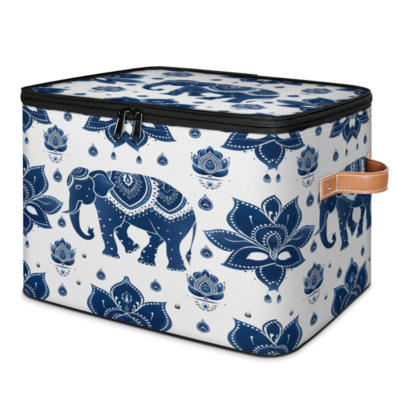 ADECORIVY Retro Blue Elephant Ethnic Indian Storage Bin with Lid, Decorative Storage Boxes Cube for Shelves, Foldable Storage Baskets Closet Clothes Organizer with Handles