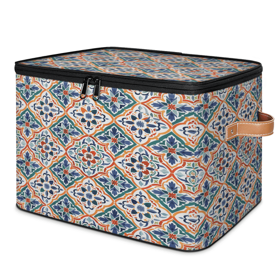 ADECORIVY Retro Boho Style Floral Storage Bin with Lid, Decorative Storage Boxes Cube for Shelves, Foldable Storage Baskets Closet Clothes Organizer with Handles