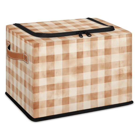 ADECORIVY Retro Brown Checkered Fabric Storage Bin with Lid, Foldable Storage Box Decorative Cube Organizer Basket for Closet Shelf Organizing Clothes