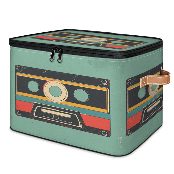 ADECORIVY Retro Cassette Storage Bin with Lid, Fabric Foldable Shelf Baskets Boxes, Music Tapes Closet Lidded Storage Bins, Clothes Organizer Container with Handles for Bedroom Home