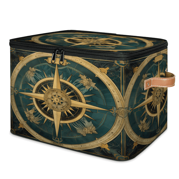 ADECORIVY Retro Compass Storage Bin with Lid, Decorative Storage Boxes Cube for Shelves, Foldable Storage Baskets Closet Clothes Organizer with Handles