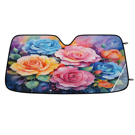 ADECORIVY Rose Colorful Watercolor Car Windshield Sun Shade, Front Window Car Sunshade Protector, Foldable UV Rays Sun Shield Visor Protector for SUV Truck Sedan, 55 x 27 in