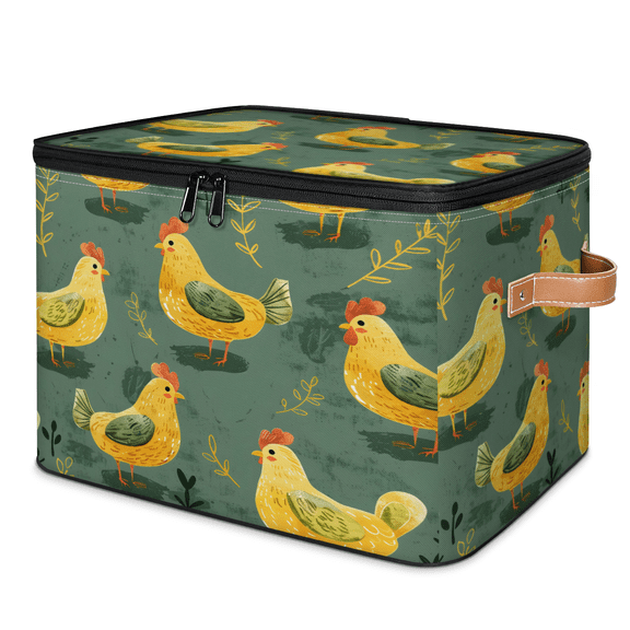 ADECORIVY Rustic Chicken Rooster Storage Bin with Lid, Decorative Storage Boxes Cube for Shelves, Foldable Storage Baskets Closet Clothes Organizer with Handles
