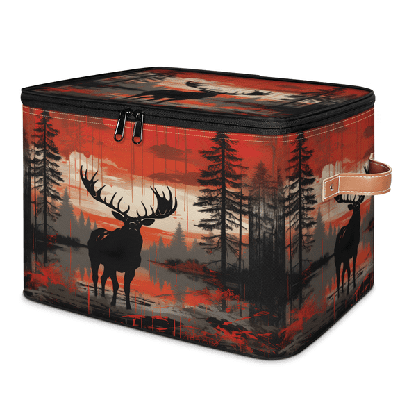 ADECORIVY Rustic Deer Storage Bin with Lid, Fabric Foldable Shelf Baskets Boxes, Deer Forest Closet Lidded Storage Bins, Clothes Organizer Container with Handles for Bedroom Home