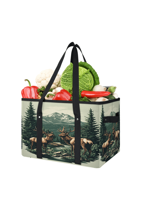 Rustic Moose Reusable Grocery Bags, Foldable Reusable Shopping Bags, Forest Animal Deer Collapsible Tote Bag with Reinforced Handles for Kitchen, Picnic