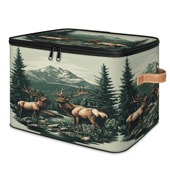 ADECORIVY Rustic Moose Storage Bin with Lid, Fabric Foldable Shelf Baskets Boxes, Forest Animal Deer Closet Lidded Storage Bins, Clothes Organizer Container with Handles for Bedroom Home