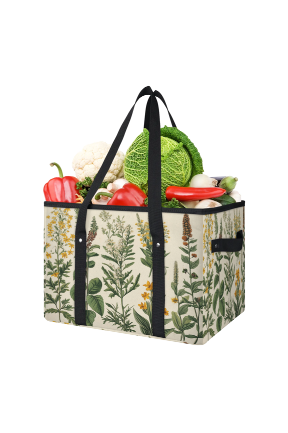 Sage Spring Reusable Grocery Bags, Foldable Reusable Shopping Bags, Botanical Grass Flowers Collapsible Tote Bag with Reinforced Handles for Kitchen, Picnic