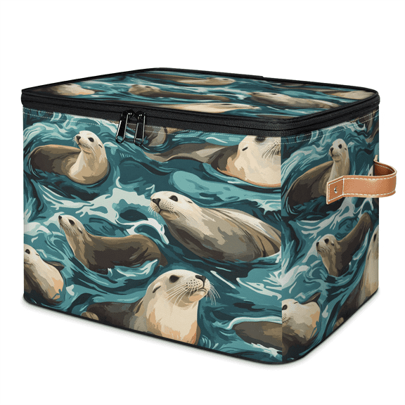 ADECORIVY Sea Lion Storage Bin with Lid, Fabric Foldable Shelf Baskets Boxes, Teal Blue Ocean Closet Lidded Storage Bins, Clothes Organizer Container with Handles for Bedroom Home