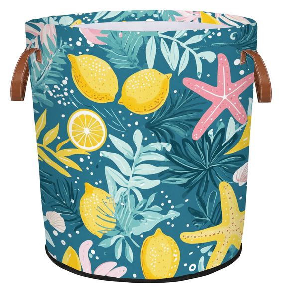 ADECORIVY Sea Starfish Laundry Hamper, Foldable Dirty Clothes Laundry Basket, Tropical Leaves Lemon Waterproof Storage Bin with Handles for Bathroom, Bedroom, Home