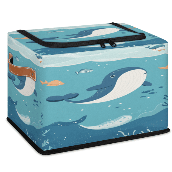 ADECORIVY Sea Whale,blue Ocean Fish Fabric Storage Bin with Lid, Foldable Storage Box Decorative Cube Organizer Basket for Closet Shelf Organizing Clothes