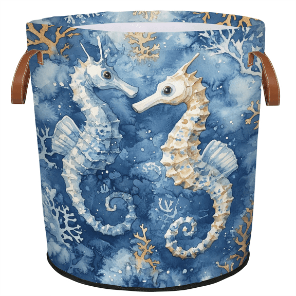 ADECORIVY Seahorse Laundry Hamper, Foldable Dirty Clothes Laundry Basket, Nautical Coastal Beach Ocean Blue Waterproof Storage Bin with Handles for Bathroom, Bedroom, Home