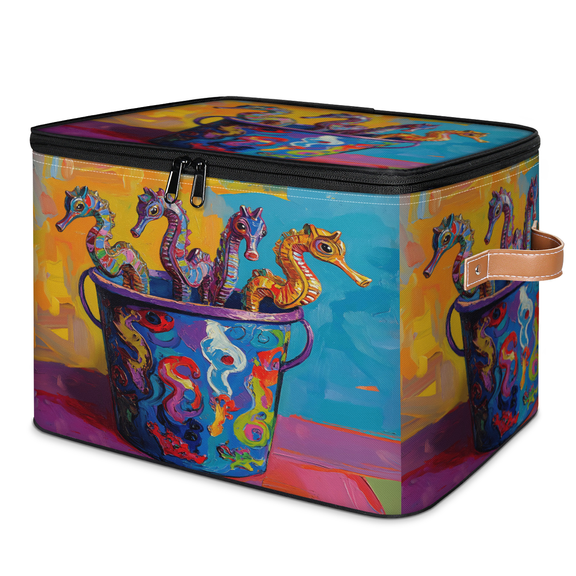 ADECORIVY Seahorse Storage Bin with Lid, Fabric Foldable Shelf Baskets Boxes, Funny Ocean Animal Marine Closet Lidded Storage Bins, Clothes Organizer Container with Handles for Bedroom Home