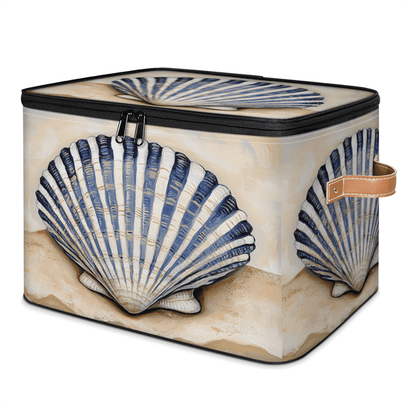 ADECORIVY Seashell Storage Bin with Lid, Fabric Foldable Shelf Baskets Boxes, Sand Beach Closet Lidded Storage Bins, Clothes Organizer Container with Handles for Bedroom Home