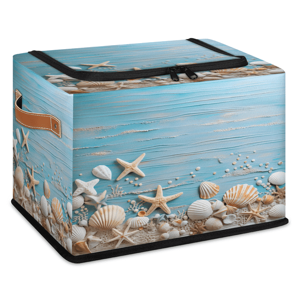 ADECORIVY Shell Starfish Wood Board Fabric Storage Bin with Lid, Foldable Storage Box Decorative Cube Organizer Basket for Closet Shelf Organizing Clothes