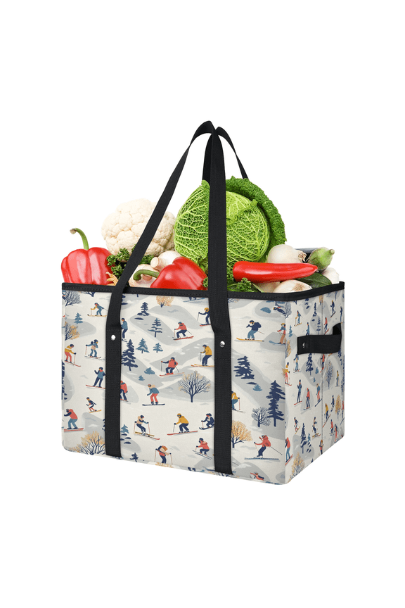 Ski Skier Reusable Grocery Bags, Foldable Reusable Shopping Bags, Snow Mountain Tree Collapsible Tote Bag with Reinforced Handles for Kitchen, Picnic
