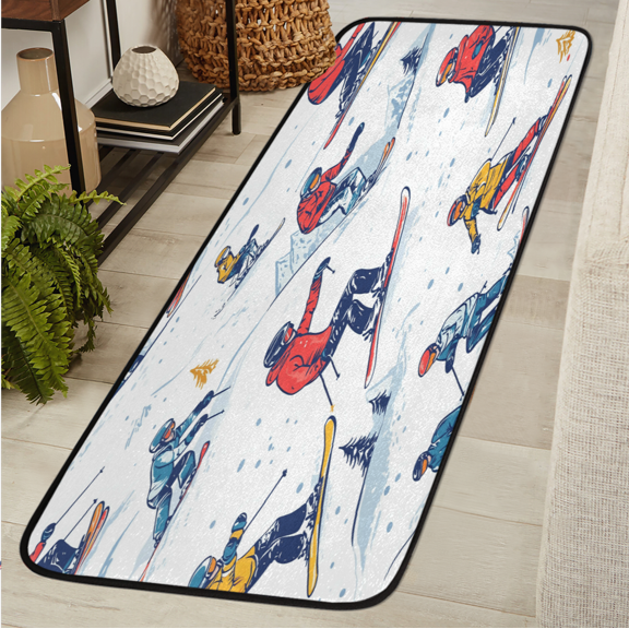 ADECORIVY Skiing Skier Hallway Runner Rug 2x6 Washable Kitchen Runner Non Slip Laundry Room Bathroom Rug Snow Mountain Soft Carpet for Living Room Entryway Mat