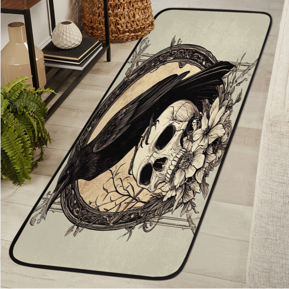 ADECORIVY Skull Crow Hallway Runner Rug 2x6 Washable Kitchen Runner Non Slip Laundry Room Bathroom Rug Skeleton Floral Soft Carpet for Living Room Entryway Mat