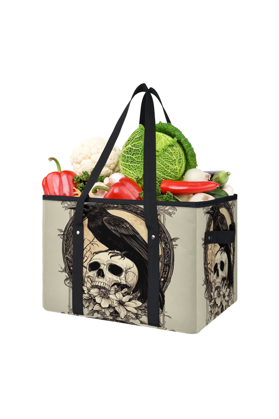 Skull Crow Reusable Grocery Bags, Foldable Reusable Shopping Bags, Skeleton Floral Collapsible Tote Bag with Reinforced Handles for Kitchen, Picnic