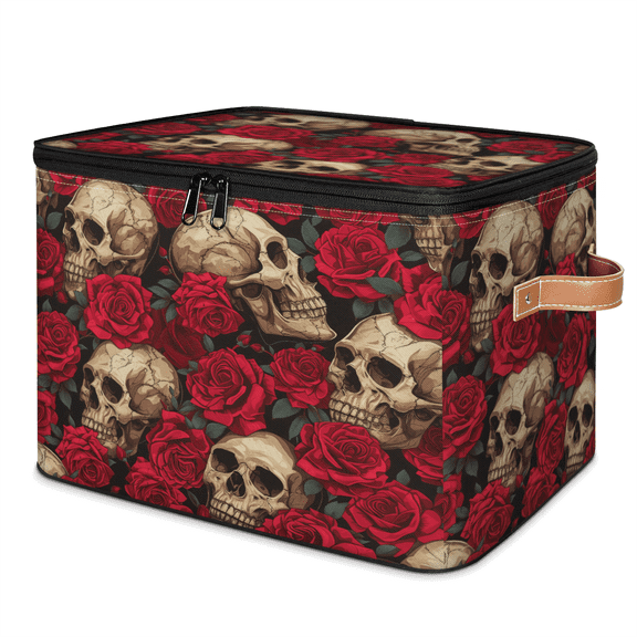 ADECORIVY Skull Rose Red Floral Storage Bin with Lid, Decorative Storage Boxes Cube for Shelves, Foldable Storage Baskets Closet Clothes Organizer with Handles