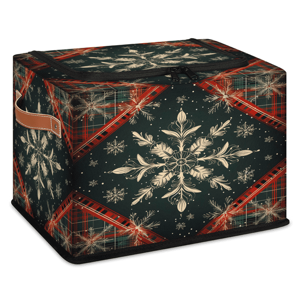 ADECORIVY Snowflake Christmas Plaid Fabric Storage Bin with Lid, Foldable Storage Box Decorative Cube Organizer Basket for Closet Shelf Organizing Clothes