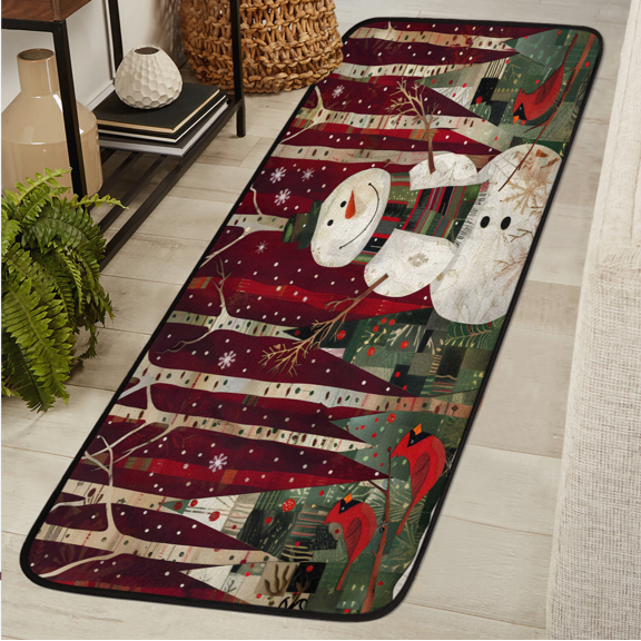 ADECORIVY Snowman Christmas Hallway Runner Rug 2x6 Washable Kitchen Runner Non Slip Laundry Room Bathroom Rug Birds Xmas Tree Soft Carpet for Living Room Entryway Mat