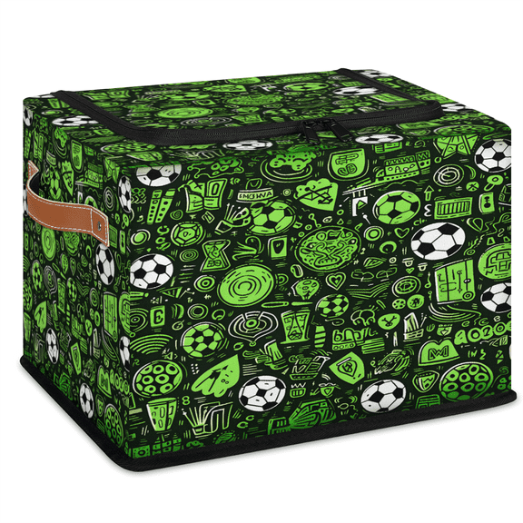 ADECORIVY Soccer Fabric Storage Bin with Lid, Decorative Closet Shelf Organizers, Green Football Foldable Basket Box Clothes Storage Bin with Handles