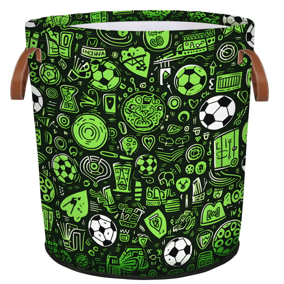 ADECORIVY Soccer Laundry Hamper, Foldable Dirty Clothes Laundry Basket, Green Football Waterproof Storage Bin with Handles for Bathroom, Bedroom, Home