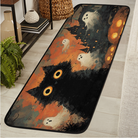 ADECORIVY Spooky Halloween Hallway Runner Rug 2x6 Washable Kitchen Runner Non Slip Laundry Room Bathroom Rug Black Cat Ghost Soft Carpet for Living Room Entryway Mat