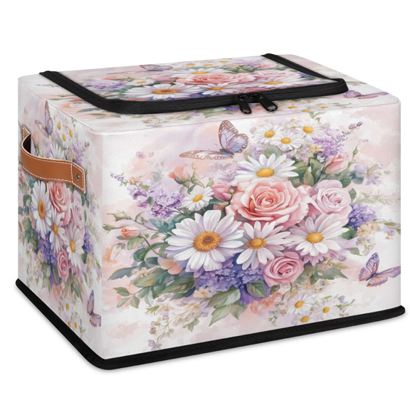 ADECORIVY Spring Daisy Flower Butterfly Fabric Storage Bin with Lid, Foldable Storage Box Decorative Cube Organizer Basket for Closet Shelf Organizing Clothes