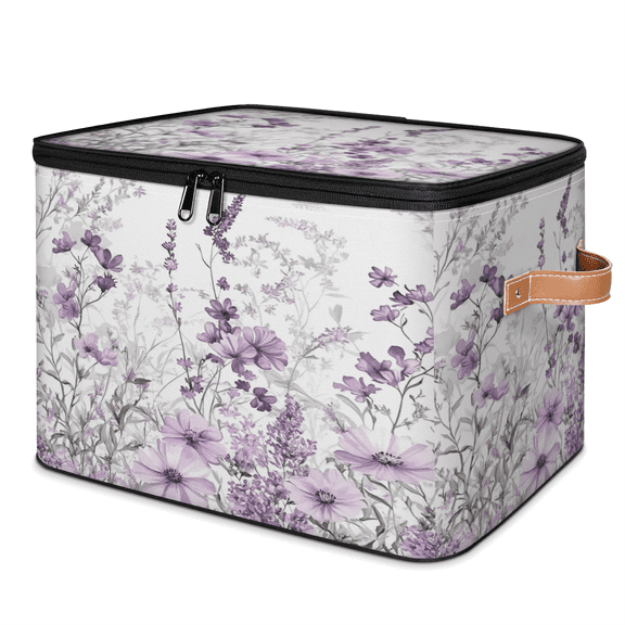 ADECORIVY Spring Purple Floral Storage Bin with Lid, Fabric Foldable Shelf Baskets Boxes, Vintage Flowers Closet Lidded Storage Bins, Clothes Organizer Container with Handles for Bedroom Home