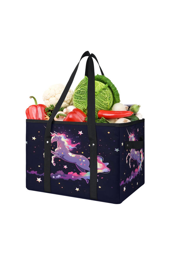 Stars Unicorns Reusable Grocery Bags, Foldable Reusable Shopping Bags, Colorful Clouds Collapsible Tote Bag with Reinforced Handles for Kitchen, Picnic