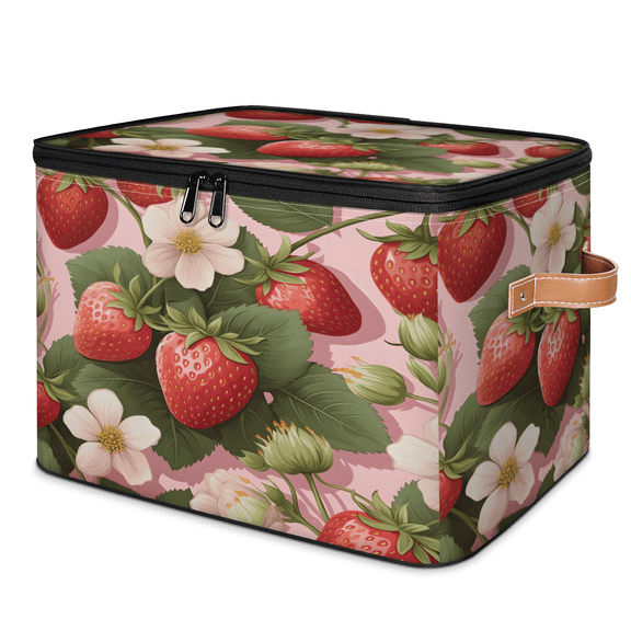 ADECORIVY Strawberries Storage Bin with Lid, Decorative Storage Boxes Cube for Shelves, Foldable Storage Baskets Closet Clothes Organizer with Handles